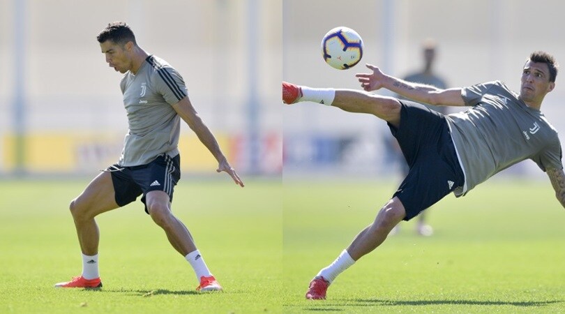 Juventus, l'esultanza di Cristiano Ronaldo e l'acrobazia di Mandzukic: l'allenamento è uno show!
