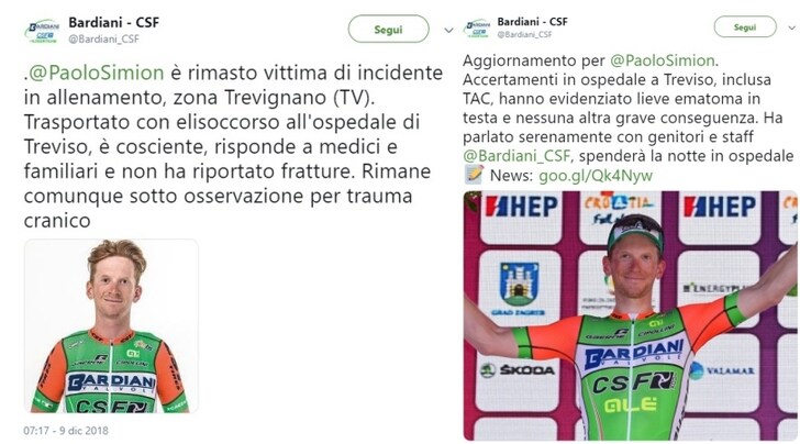 Ciclismo, paura per Simion: caduta e ricovero per trauma cranico
