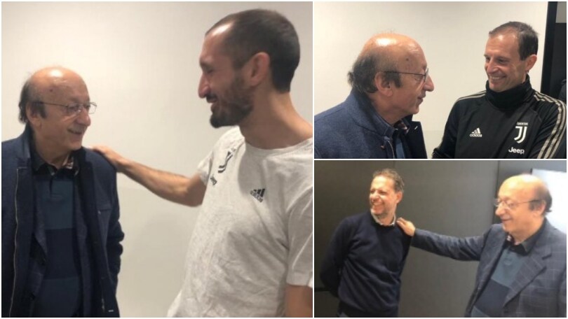 Juventus, c'è Moggi in visita: abbracci con Chiellini, Allegri e Paratici