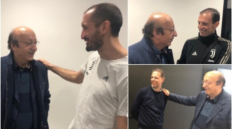 Juventus, c'è Moggi in visita: abbracci con Chiellini, Allegri e Paratici