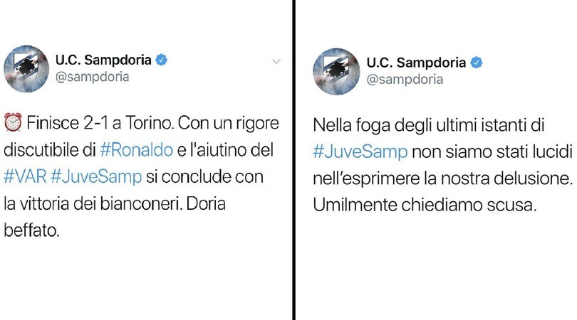 Samp, tweet polemico: «Rigore discutibile e aiutino». Poi arrivano le scuse