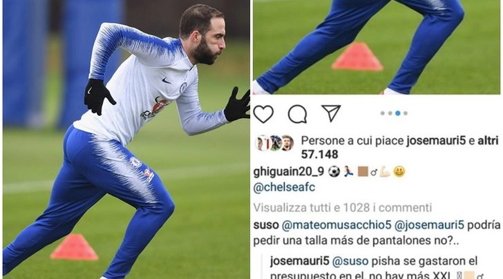 Milan, gli ex compagni prendono in giro Higuain: «Il Chelsea ha finito l'XXL?»