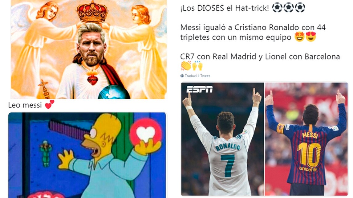 Messi fa tripletta ed eguaglia Cristiano Ronaldo: i social si scatenano