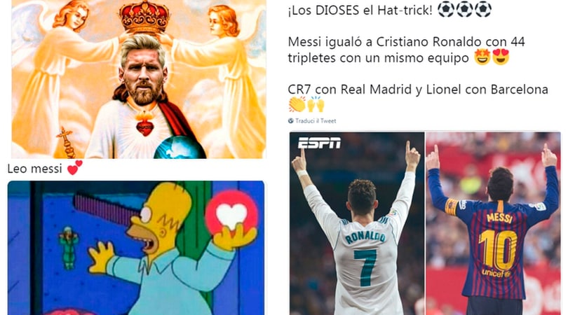 Messi fa tripletta ed eguaglia Cristiano Ronaldo: i social si scatenano