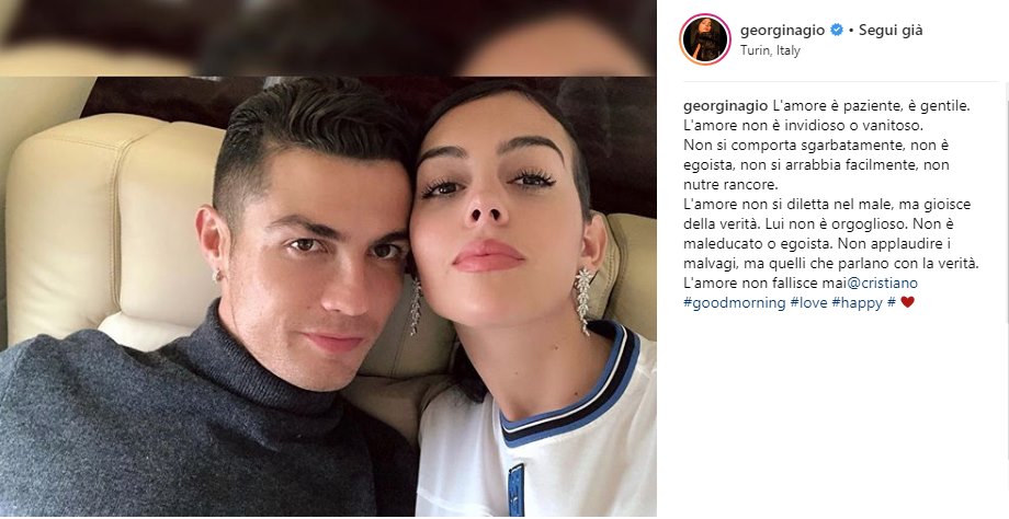 Juve, Georgina carica Ronaldo con un bel messaggio d'amore