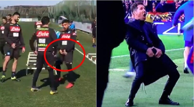 Napoli-Juventus, Insigne si prepara e fa il gesto di Simeone in allenamento