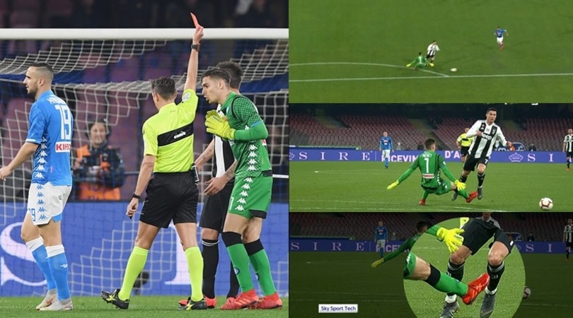 Napoli-Juve, l'uscita di Meret su Cristiano Ronaldo: rosso diretto per il portiere