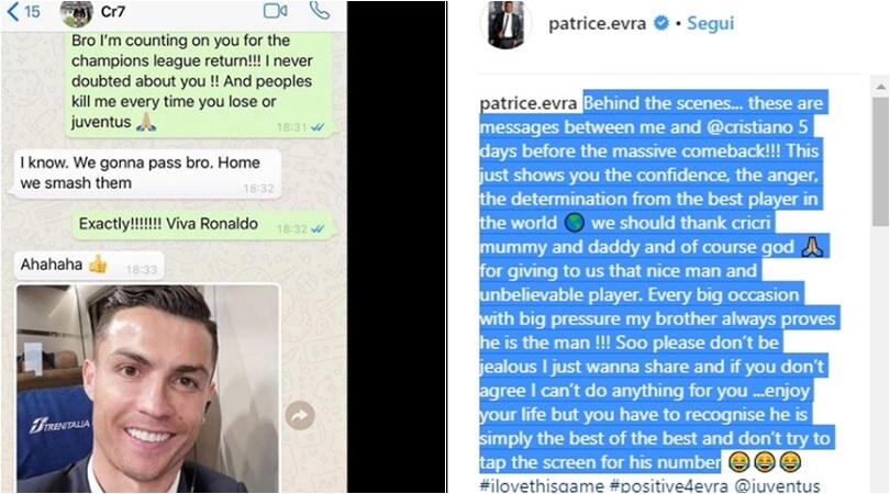 Evra pubblica la chat con Ronaldo: «Ammirate il miglior giocatore del mondo»