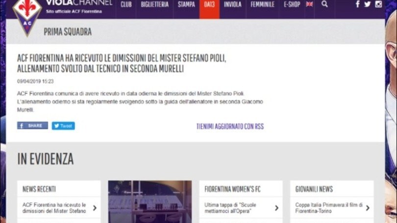 Ufficiale: Pioli si è dimesso da allenatore della Fiorentina