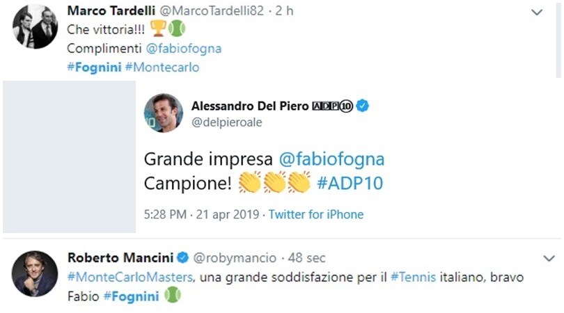 Il mondo dello sport omaggia il trionfo di Fognini a Montecarlo