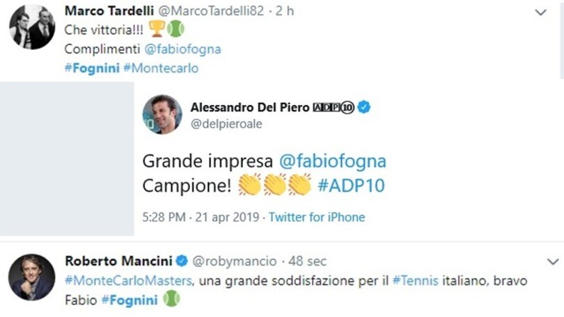 Il mondo dello sport omaggia il trionfo di Fognini a Montecarlo