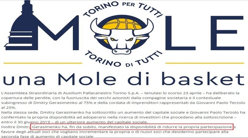 Basket, Auxilium Torino: Gerasimenko ridurrà le quote azionarie