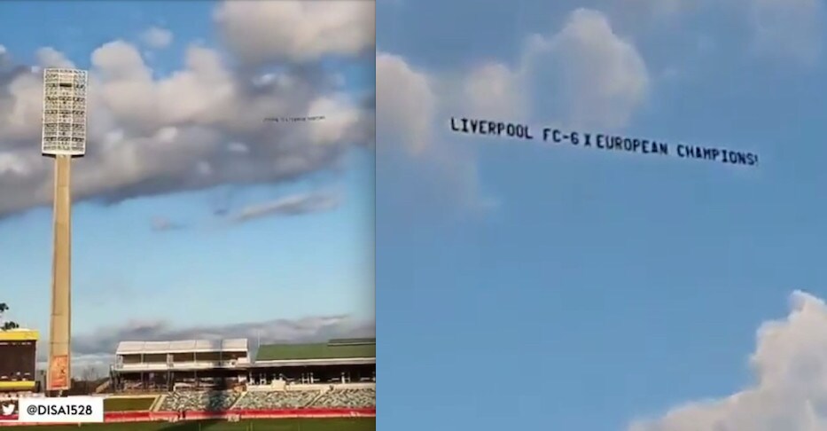 Sul campo si allena il Manchester United di Pogba, in cielo lo striscione è per il Liverpool