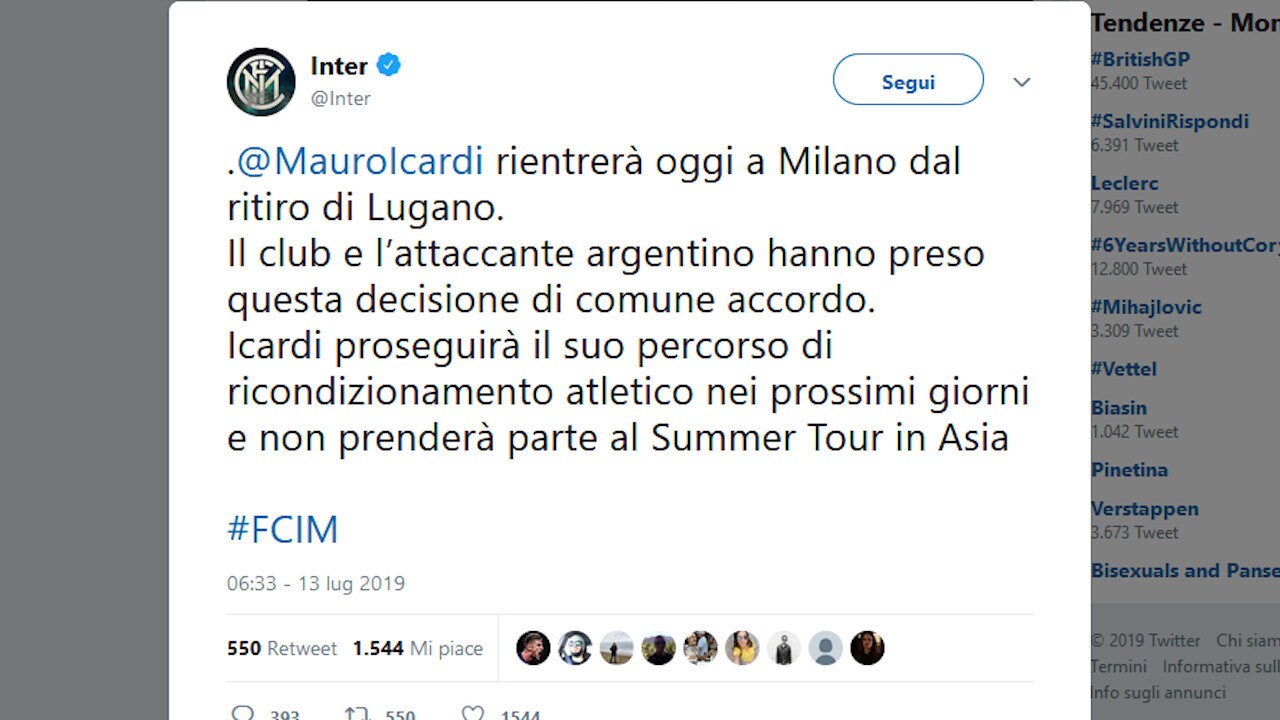 Inter, clamoroso Icardi: lascia il ritiro