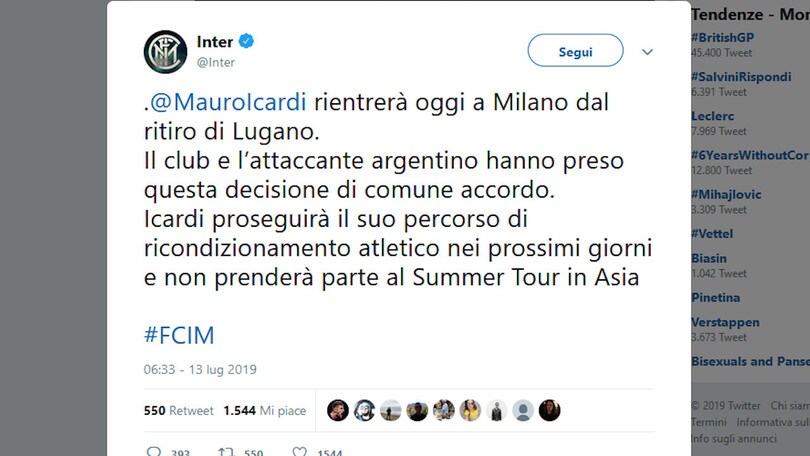 Inter, clamoroso Icardi: lascia il ritiro