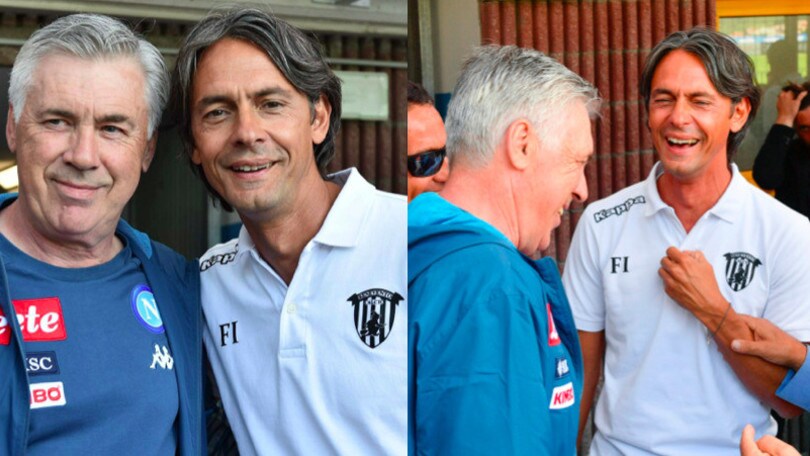 Ancelotti e Pippo Inzaghi, che sorrisi tra i due ex Juve prima del ko del Napoli