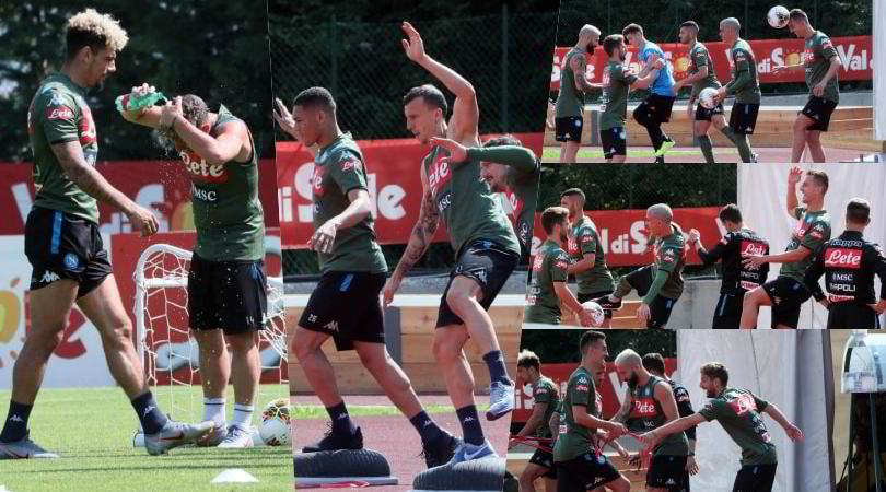 Il Napoli suda sotto il sole di Dimaro: esercizi con gli elastici e palleggi in equilibrio