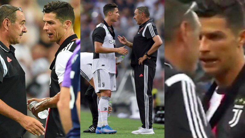 Juve, Sarri e Cristiano Ronaldo a colloquio dopo il cambio