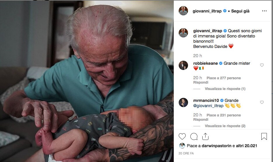 Trapattoni: «Immensa gioia, sono diventato bisnonno». Complimenti da tutto il mondo