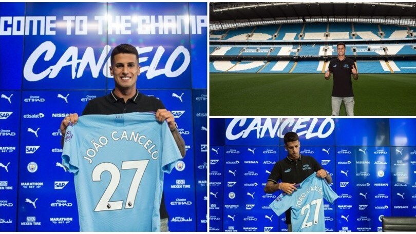 Juve addio: Cancelo posa con la maglia del Manchester City