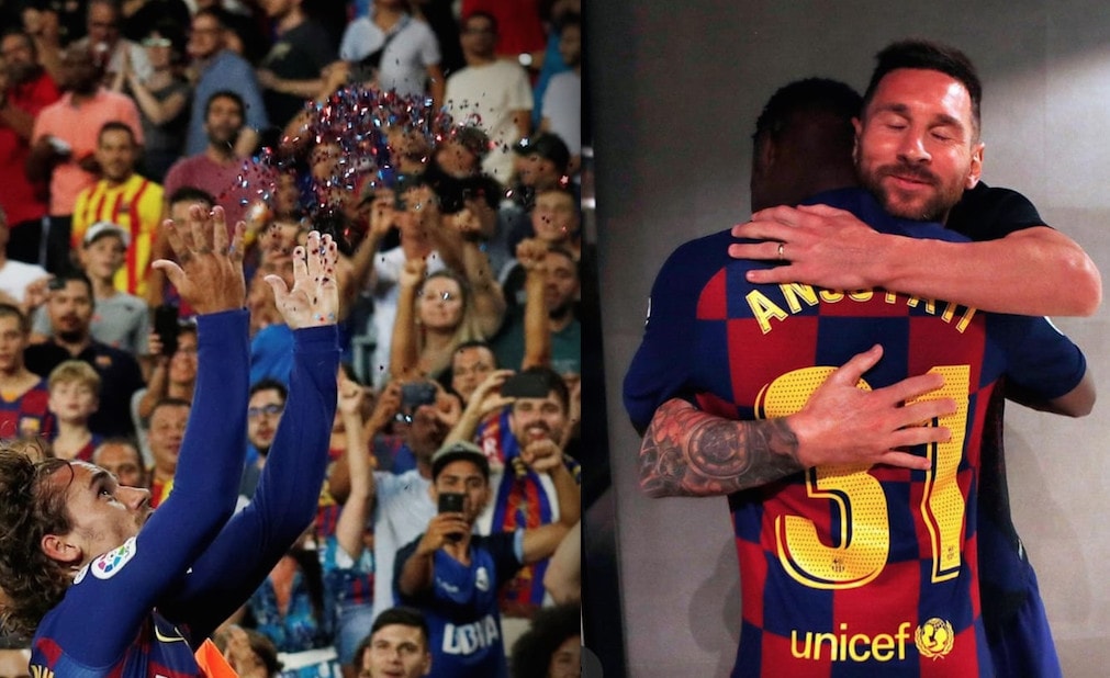 Griezmann, l'esultanza con i coriandoli. Messi, l'abbraccio al baby Ansu Fati