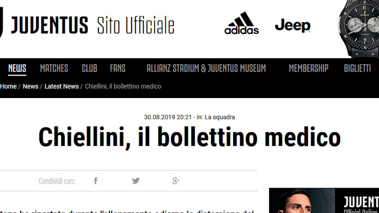 Juve, che botta per Chiellini: lesione del crociato