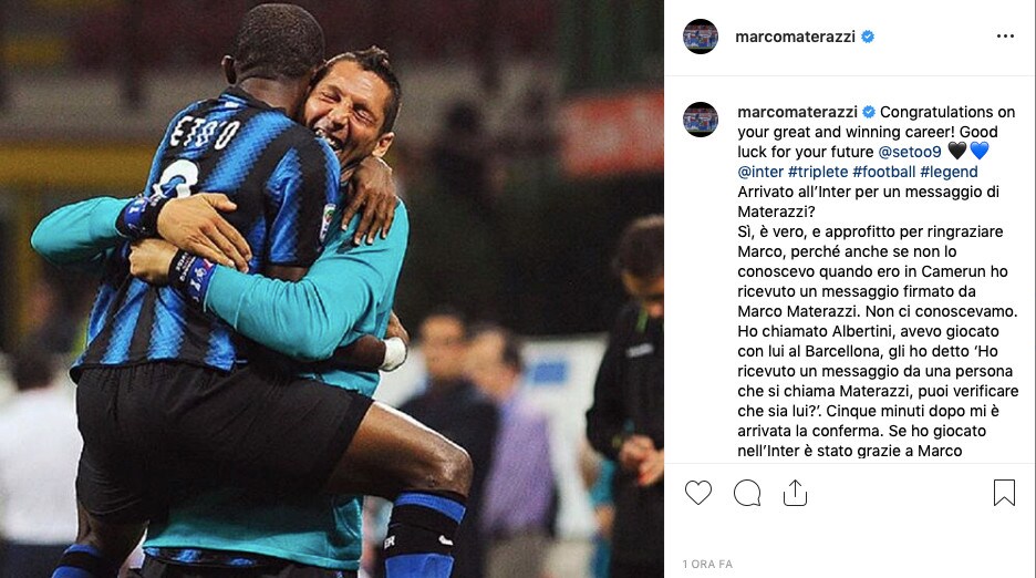 Eto'o, il saluto di Materazzi: "Grazie fratello, buona fortuna per il futuro"