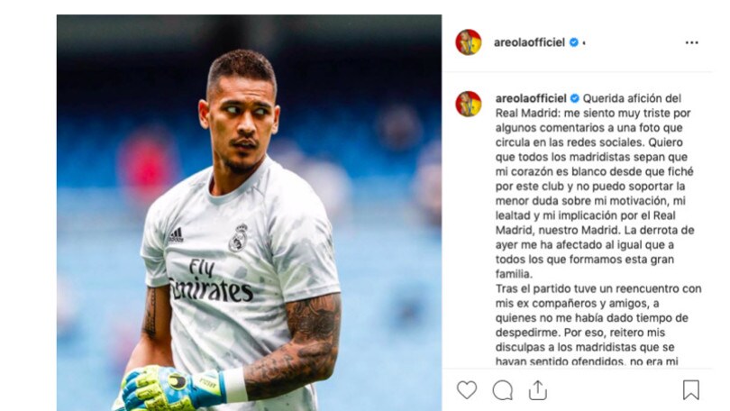 Real Madrid, Areola dopo la gaffe social: "Mi scuso con chi si è offeso"