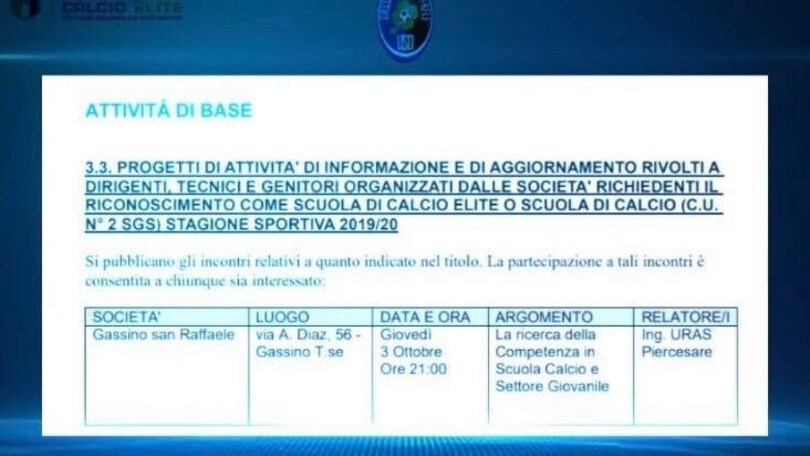 Questa sera importante appuntamento formativo presso il centro federale di Gassino
