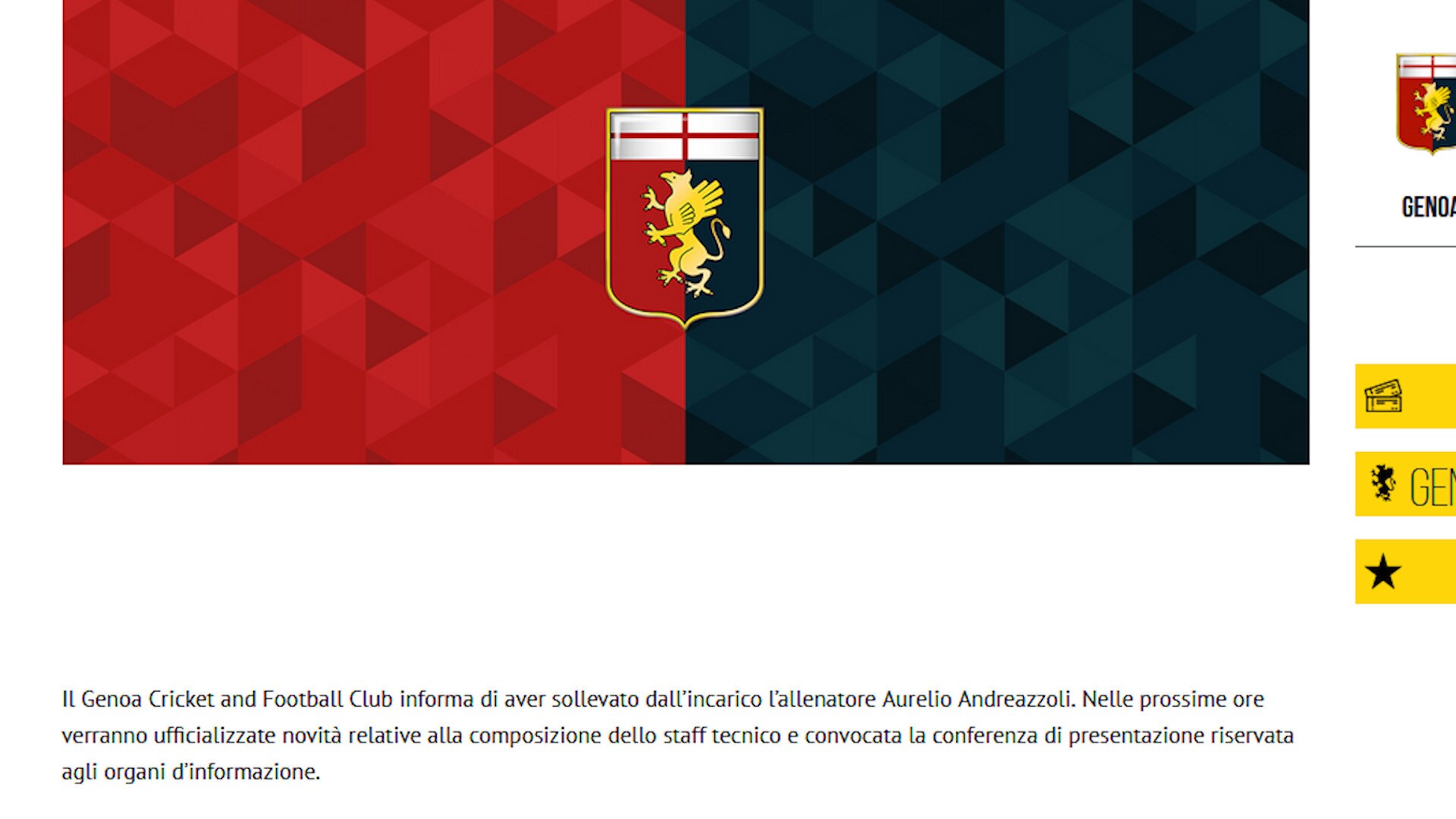Il Genoa ufficializza l'esonero di Andreazzoli