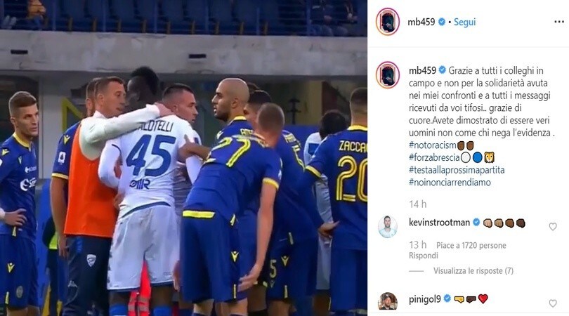 Brescia, Balotelli dopo l'episodio di razzismo: "Grazie a colleghi e non"