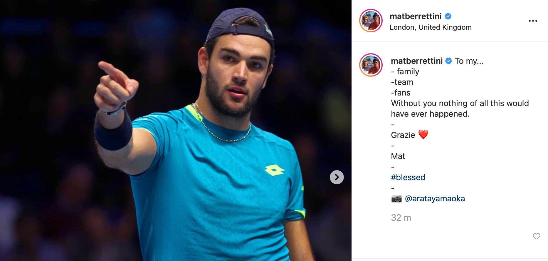 Berrettini ringrazia team e tifosi su Instagram: "Senza di voi nulla di tutto ciò sarebbe successo"