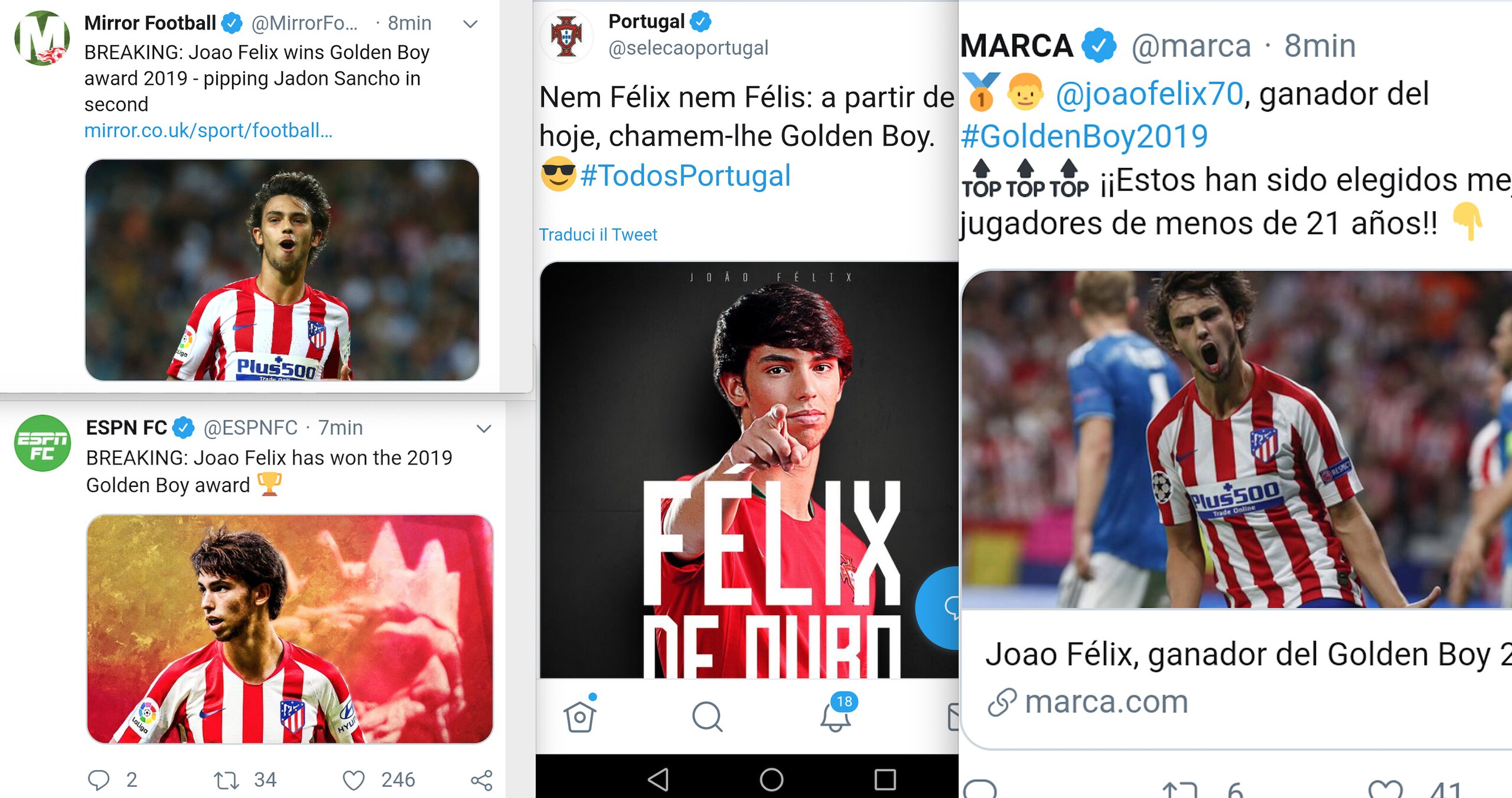 Joao Felix incoronato miglior Under 21 e con Tuttosport fa il giro del mondo: la staffetta con De Ligt