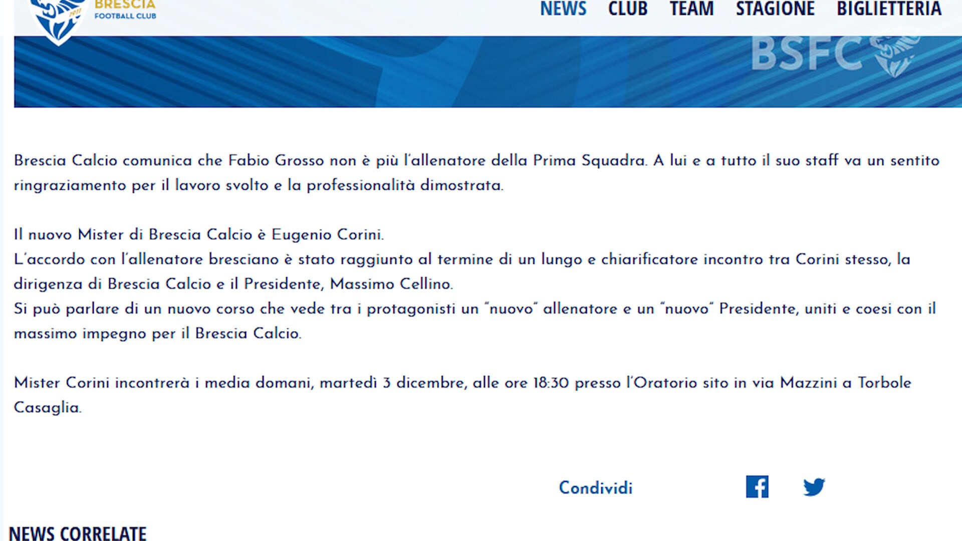 Brescia, via Grosso: torna Corini