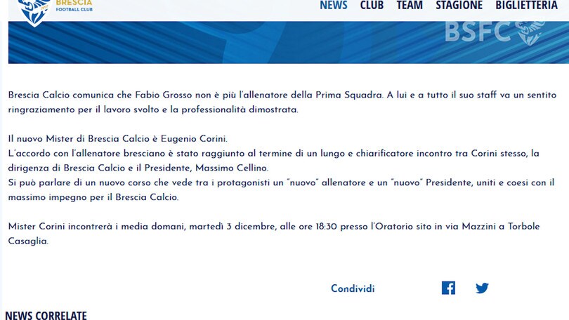 Brescia, via Grosso: torna Corini