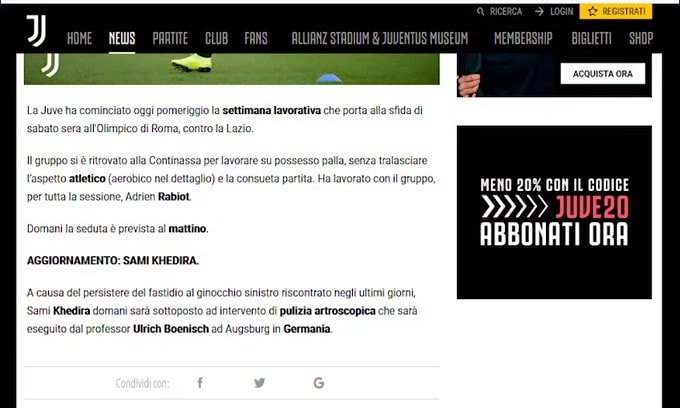Juve, Khedira si opera al ginocchio: torna nel 2020