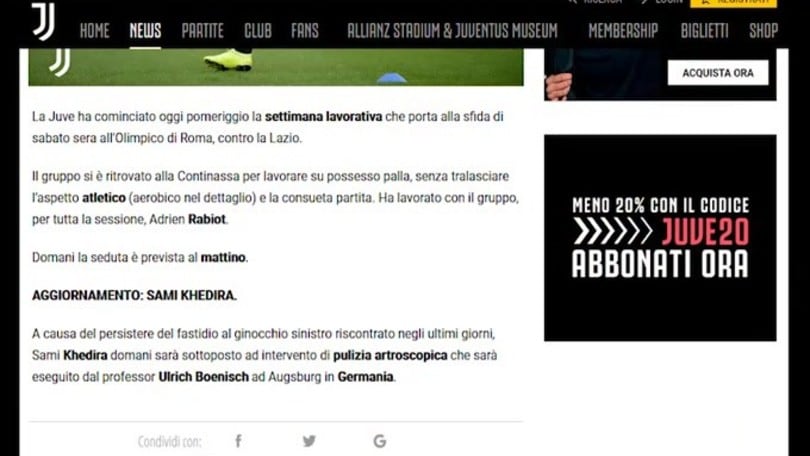 Juve, Khedira si opera al ginocchio: torna nel 2020