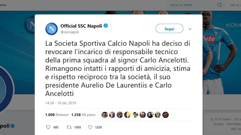 Napoli, comunicato ufficiale: esonerato Ancelotti