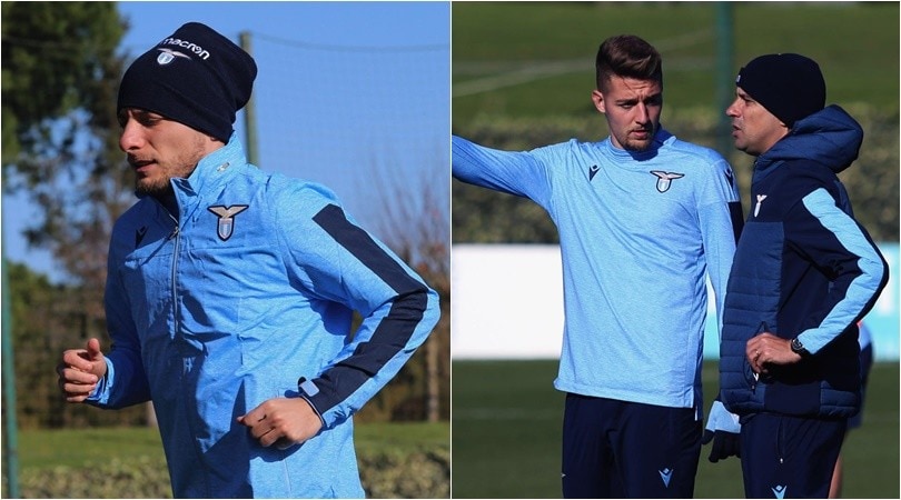 Lazio, Milinkovic confabula con Inzaghi mentre Immobile sfida la tramontana