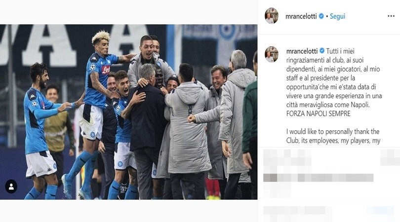 Ancelotti saluta Napoli: "Grazie per la grande esperienza"
