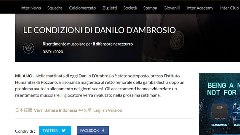Inter, problema muscolare per D'Ambrosio