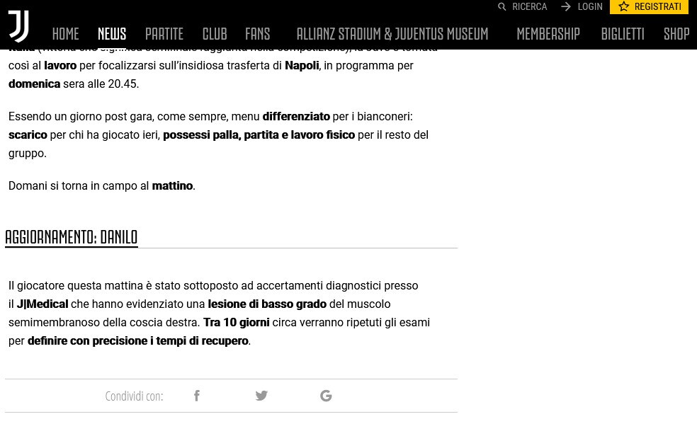 Juve, Danilo ha una lesione alla coscia destra