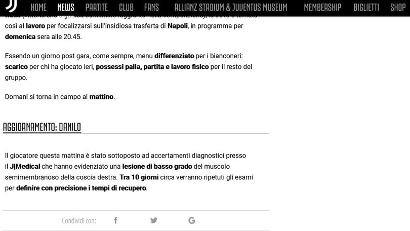 Juve, Danilo ha una lesione alla coscia destra