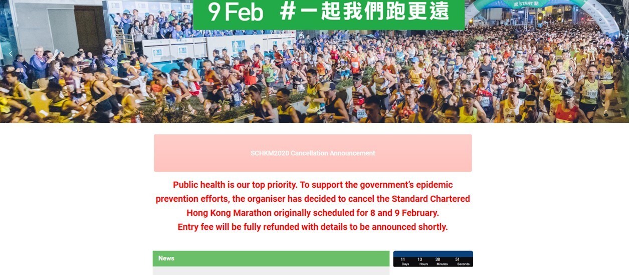 Annullata la Standard Chartered Hong Marathon del 9 febbraio