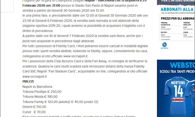 Napoli-Barcellona, andare in curva costerà 70 euro