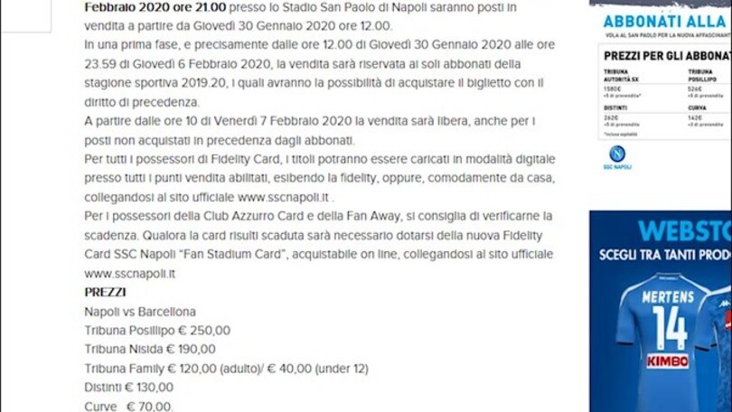 Napoli-Barcellona, andare in curva costerà 70 euro