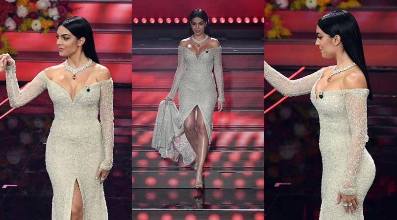 Sanremo, Georgina illumina l'Ariston e manda un messaggio d'amore alla Juve