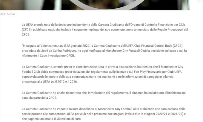 Incredibile: City escluso dalle coppe europee per due stagioni