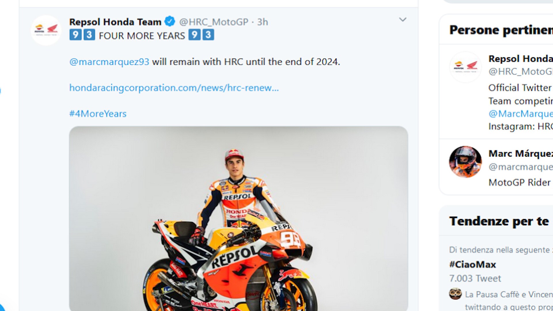 MotoGp, Marquez rinnova: in Honda fino al 2024