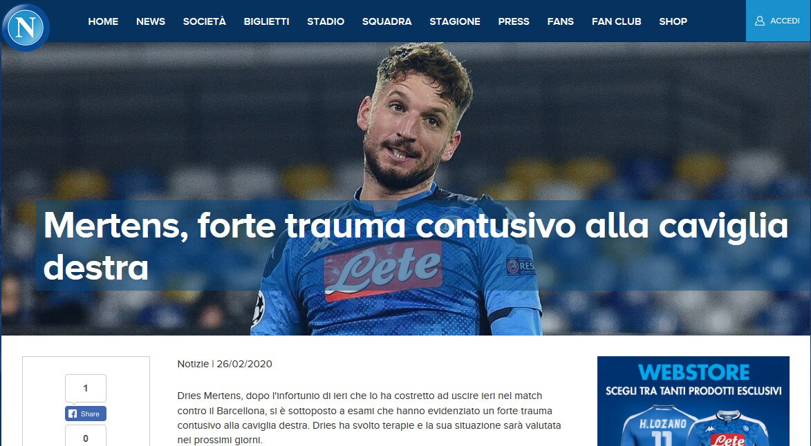 Napoli, trauma contusivo per Mertens